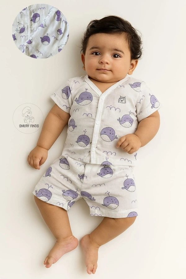 Smurf Finds Muslin Unisex Cord Set| 100% Cotton| Perferct for New Borns|Safe Prints|Pack Contains 1 Tshirt and 1 Bottom| White | SMCD13701 - 6- 9 Month, White