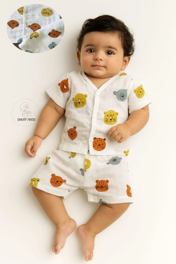 Smurf Finds Muslin Unisex Cord Set| 100% Cotton| Perferct for New Borns|Safe Prints|Pack Contains 1 Tshirt and 1 Bottom| White | SMCD13702 - 6- 9 Month, White