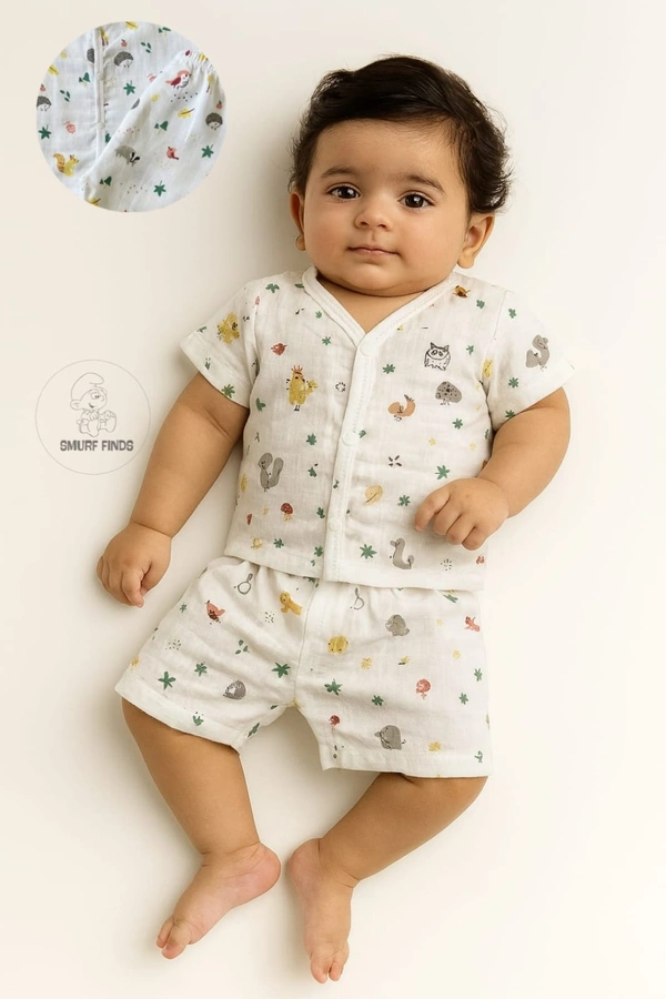 Smurf Finds Muslin Unisex Cord Set| 100% Cotton| Perferct for New Borns|Safe Prints|Pack Contains 1 Tshirt and 1 Bottom| White | SMCD13704 - 9- 12 Month, White