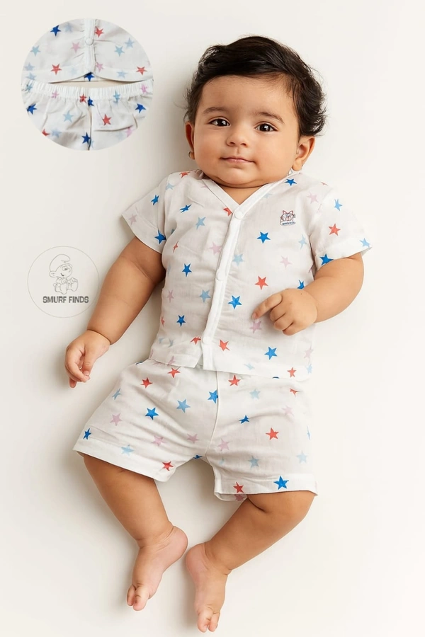 Smurf Finds Muslin Unisex Cord Set| 100% Cotton| Perferct for New Borns|Safe Prints|Pack Contains 1 Tshirt and 1 Bottom| White | SMCD13705 - 9- 12 Month, White