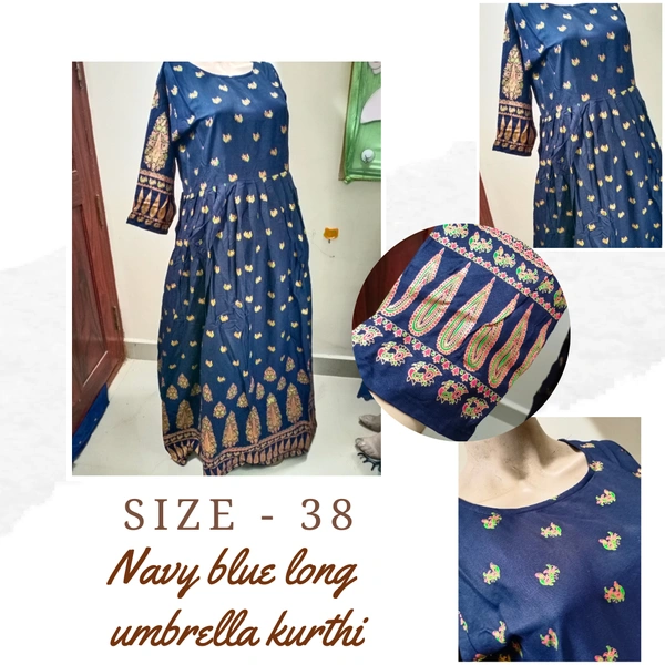 VDT Navy Blue Long Umbrella Kurti with Foil Peacock prints 162 - Navy Blue, 1, 38