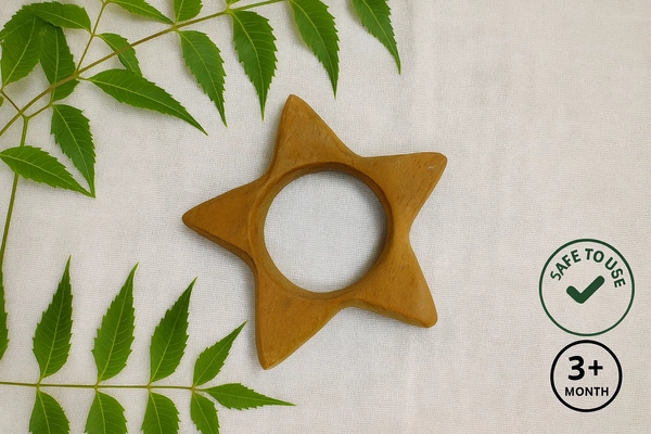 Villows Neem Teether Star Shape|Pack of 1| 100% Neem Wood| Safe for Babies | NT6804 - 3+ mon, Assorted