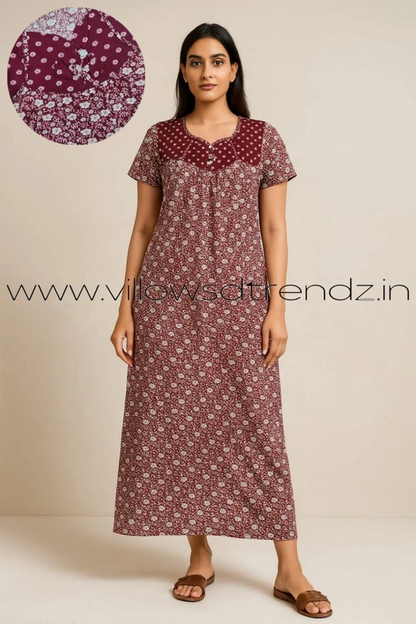 Ruthvi Ethnics Night Gown| Nighty| Button Type| Maroon| NT190013 - Maroon, 2XL