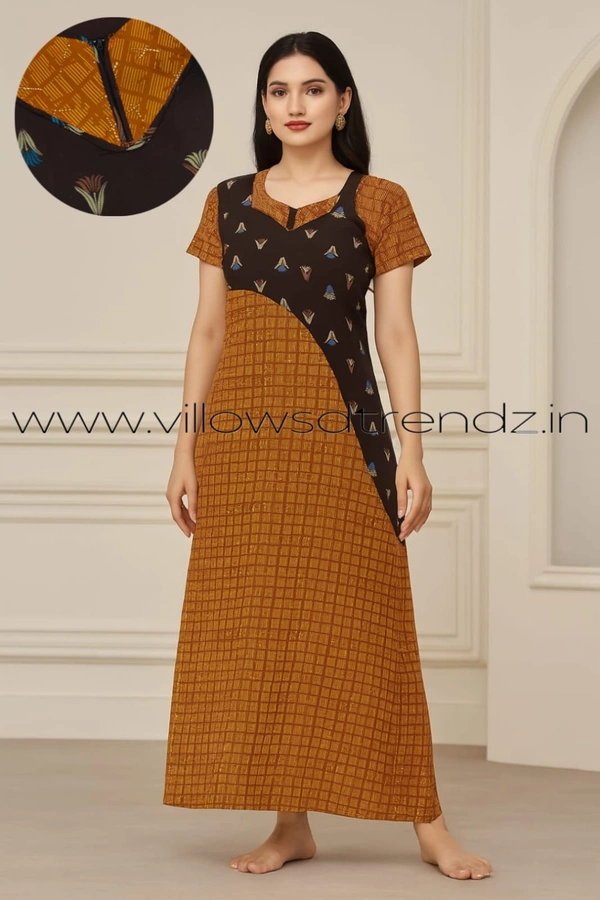 Ruthvi Ethnics Night Gown| Nighty| Double colour | Half Brown | NT190019 - Half Brown, 2XL