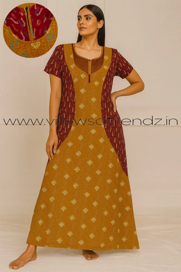 Ruthvi Ethnics Night Gown| Nighty| Double colour |Mustered Yellow | NT190018 - Mustered Yellow, 2XL