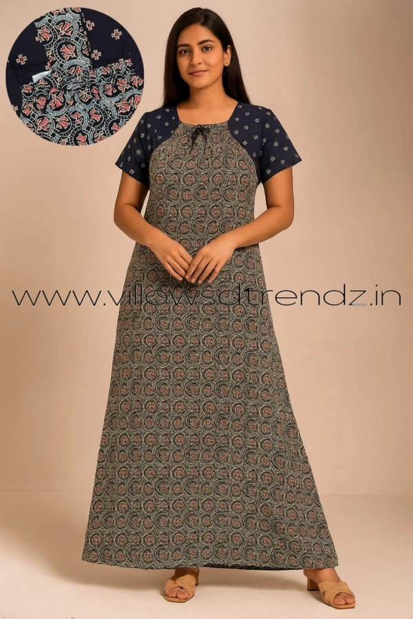 Ruthvi Ethnics Night Gown| Nighty| Elastic |Ash | NT190051 - Ash, XL