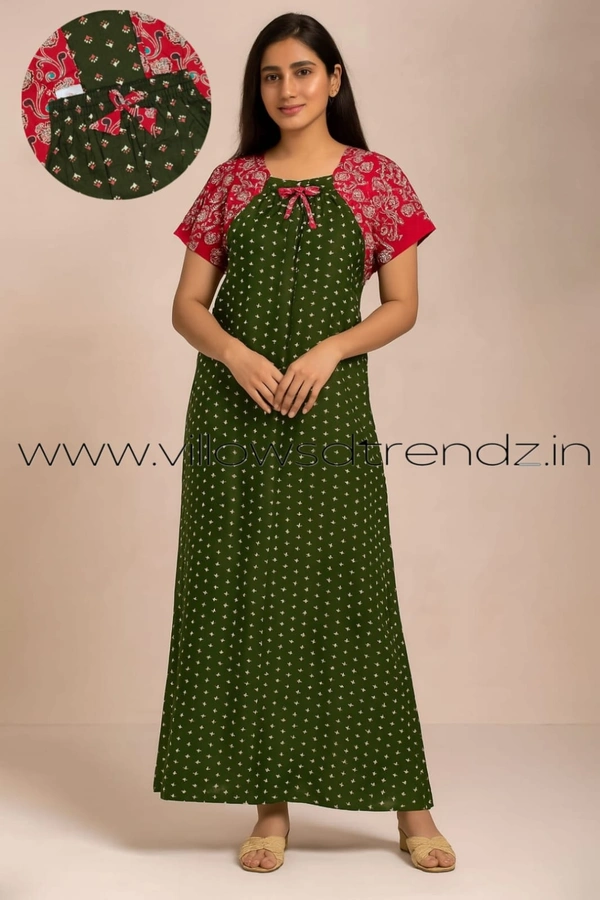 Ruthvi Ethnics Night Gown| Nighty| Elastic |Green | NT190052 - Green, XL