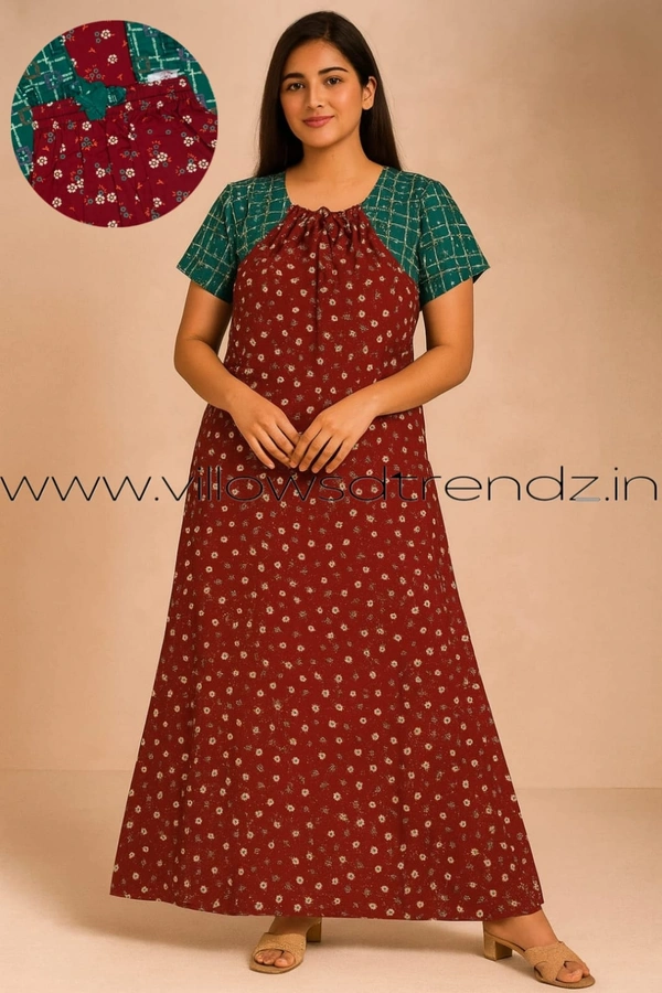 Ruthvi Ethnics Night Gown| Nighty| Elastic | Maroon | NT190046 - Maroon, XL