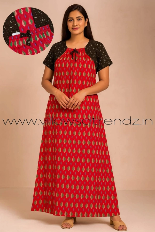 Ruthvi Ethnics Night Gown| Nighty| Elastic | Red | NT190049 - Red, XL