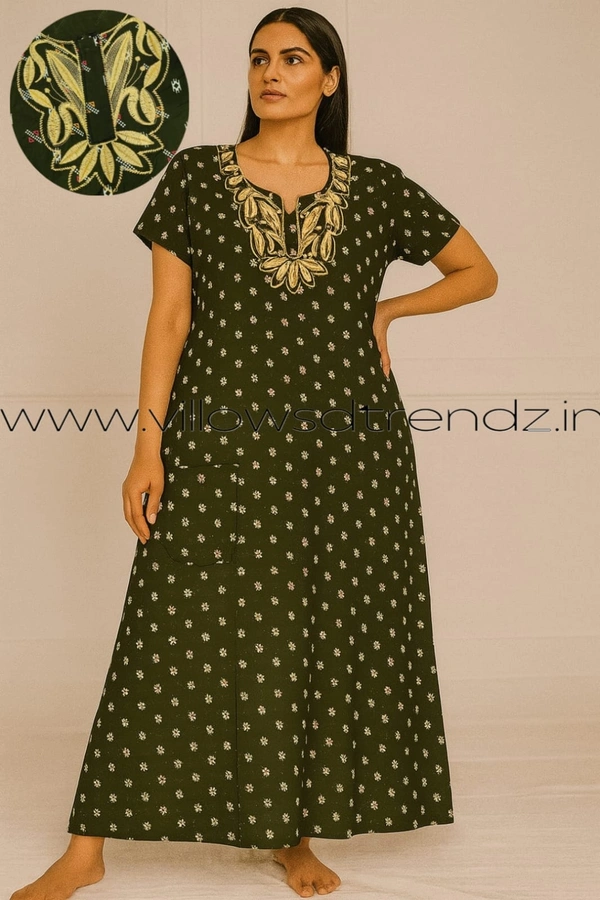 Ruthvi Ethnics Night Gown| Nighty| Embroidery | Green | NT190028 - Green, 2XL