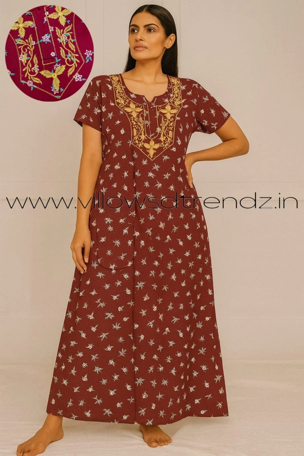 Ruthvi Ethnics Night Gown| Nighty| Embroidery | Maroon | NT190027 - Maroon, 2XL