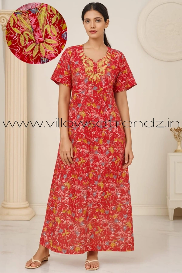 Ruthvi Ethnics Night Gown| Nighty| Embroidery | Red | NT190026 - Red, 2XL