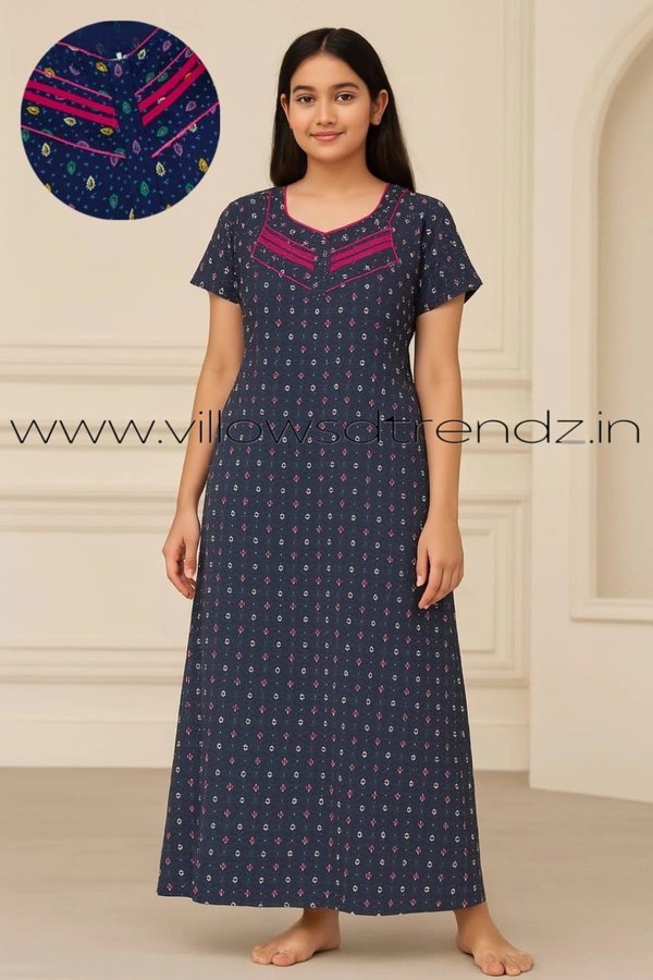 Ruthvi Ethnics Night Gown| Nighty| Lace wIth Zip Model | Ink Blue | NT190031 - Ink Blue, 2XL