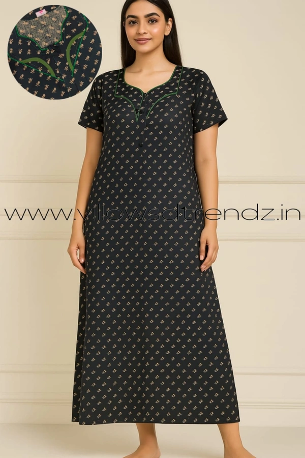 Ruthvi Ethnics Night Gown| Nighty| Piping wIth Zip Model | Black | NT190063 - Black, XL
