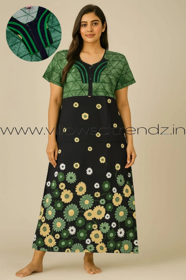 Ruthvi Ethnics Night Gown| Nighty| Piping wIth Zip Model |Green| NT190062 - Green, XL