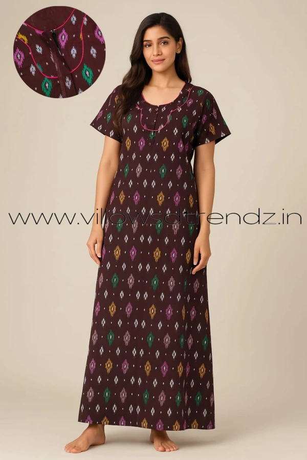 Ruthvi Ethnics Night Gown| Nighty| Piping wIth Zip Model | Maroon | NT190057 - Maroon, XL