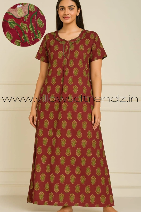 Ruthvi Ethnics Night Gown| Nighty| Piping wIth Zip Model |Maroon| NT190039 - Maroon, XL