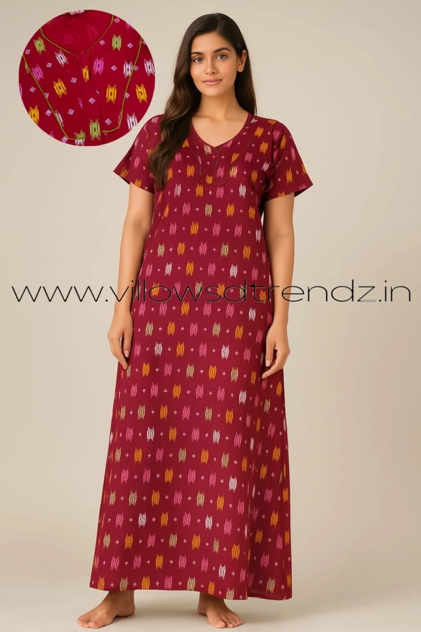 Ruthvi Ethnics Night Gown| Nighty| Piping wIth Zip Model |Rani pink | NT190055 - Rani pink, XL