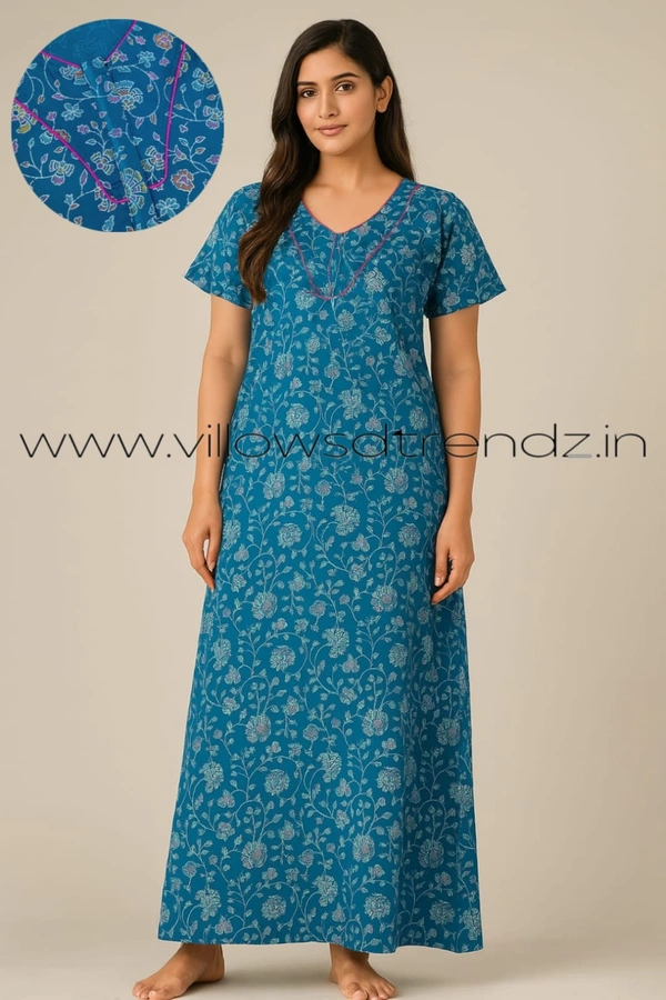 Ruthvi Ethnics Night Gown| Nighty| Piping wIth Zip Model |Rani pink | NT190055 - Sky blue, XL