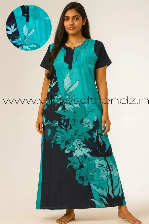 Ruthvi Ethnics Night Gown| Nighty| Piping wIth Zip Model |Sky Blue | NT19006 - Sky Blue, 3XL