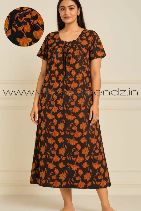 Ruthvi Ethnics Night Gown| Nighty| Round Neck | Black | NT190029 - Black, 2XL