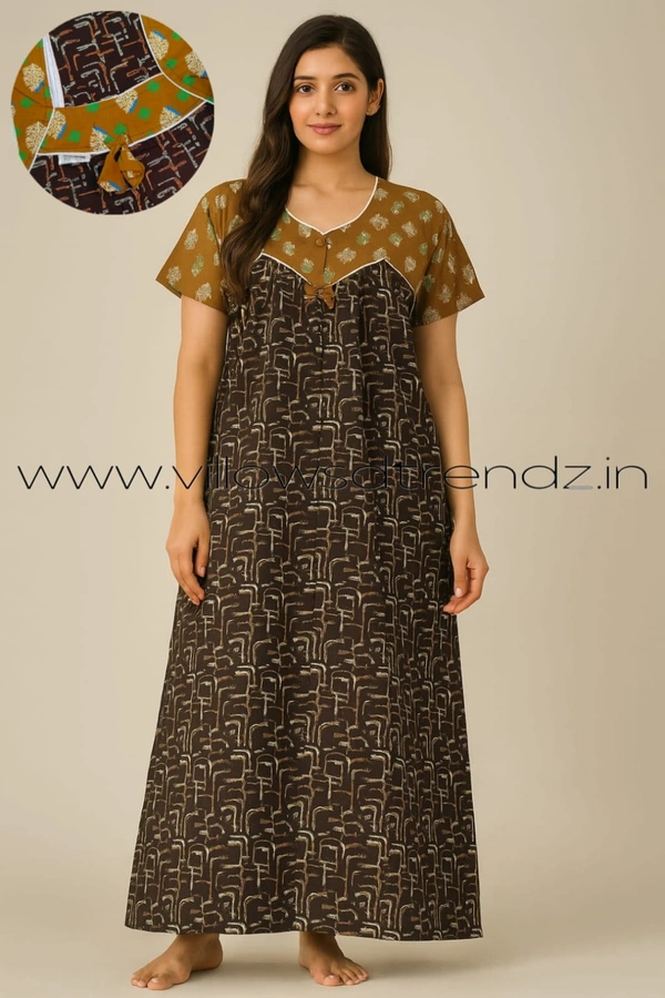 Ruthvi Ethnics Night Gown| Nighty| Titanic |Brown | NT190015 - Brown, 2XL