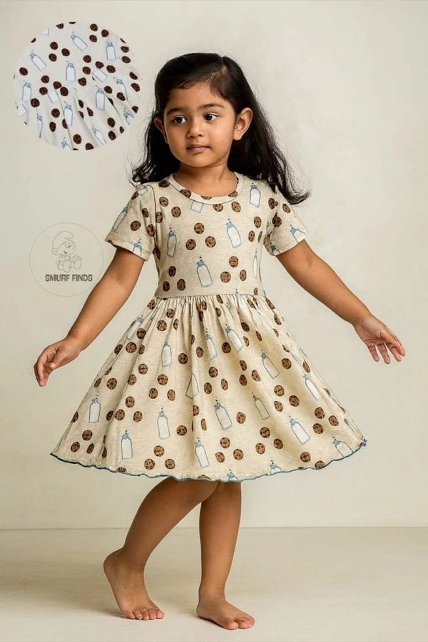 Smurf Finds Organic Cotton Frock for Girls  SMF9006 - Half White, 6-7 Yr