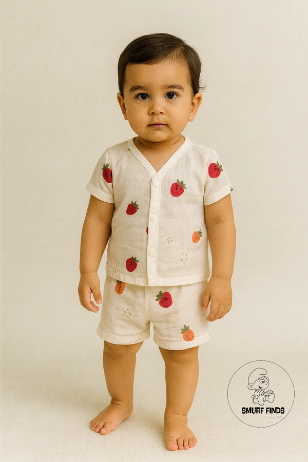 Smurf Finds Organic Cotton Muslin Unisex Cord Set| 100% Cotton| Perferct for Babies|Safe Prints|Pack Contains 1 Tshirt and 1 Bottom| White | SMCD14405 - 1 -2 yr, White