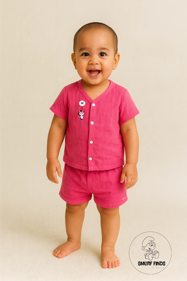 Smurf Finds Organic Cotton Muslin Unisex Cord Set| 100% Cotton| Perferct for Babies|Safe Prints|Pack Contains 1 Tshirt and 1 Bottom| Rani Pink| SMCD14404 - 9 -12 mon, Rani Pink