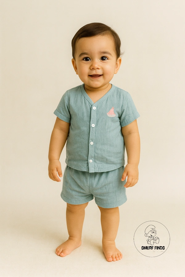 Smurf Finds Organic Cotton Muslin Unisex Cord Set| 100% Cotton| Perferct for Babies|Safe Prints|Pack Contains 1 Tshirt and 1 Bottom| Sky Blue| SMCD14401 - 9 -12 mon, Sky Blue