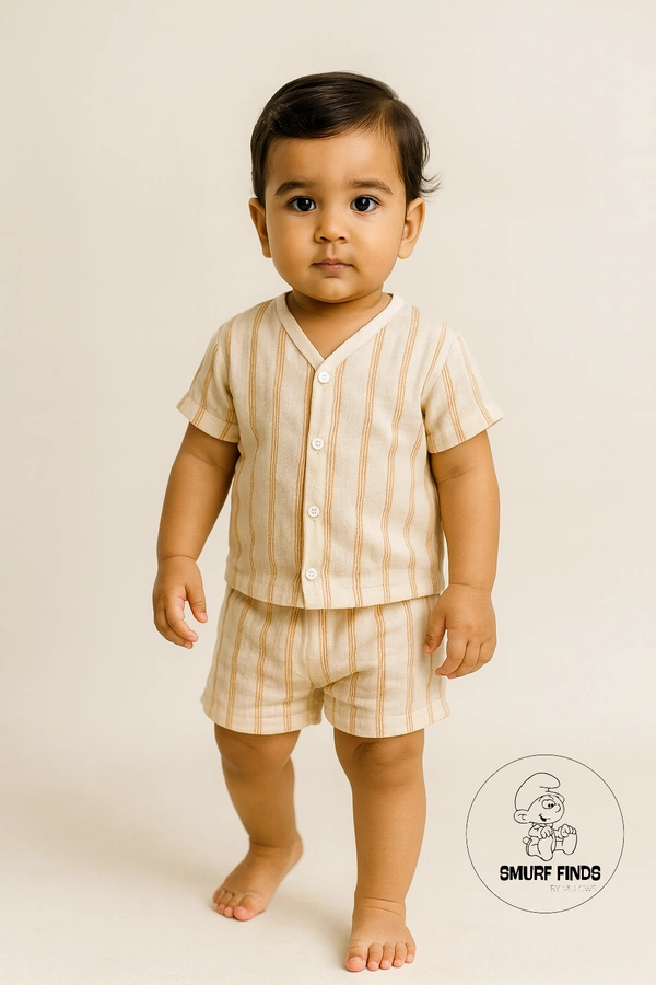 Smurf Finds Organic Cotton Muslin Unisex Cord Set| 100% Cotton| Perferct for Babies|Safe Prints|Pack Contains 1 Tshirt and 1 Bottom| Cream| SMCD14402 - 1 -2 yr, Cream