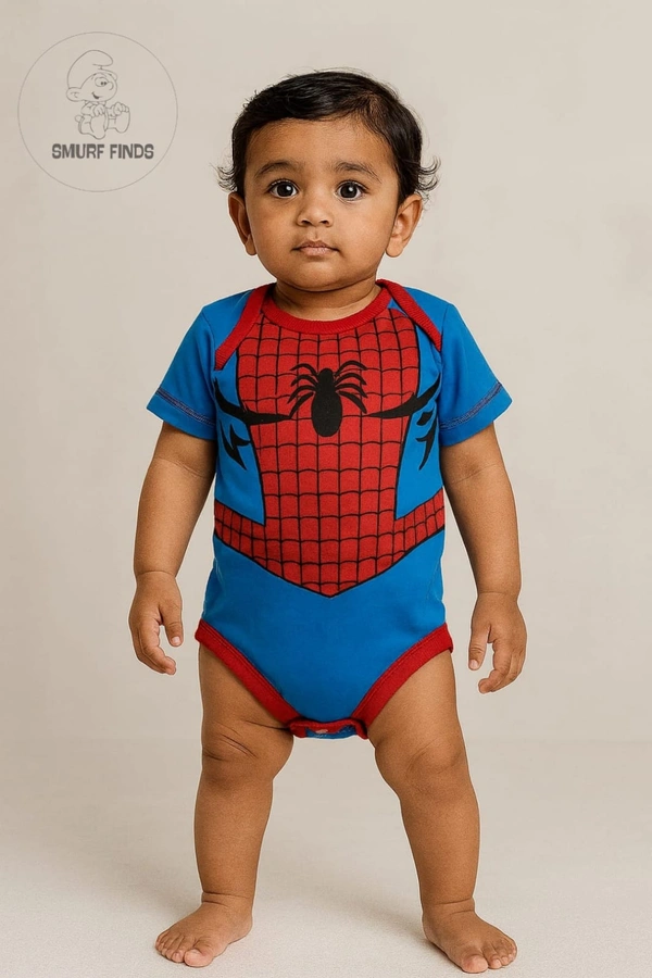 Smurf Finds Organic Cotton Unisex Rompers| 100% Cotton| Perferct for Babies|Safe Prints| Blue With Red| SMRM4206 - 0-3 Month, Blue With Red