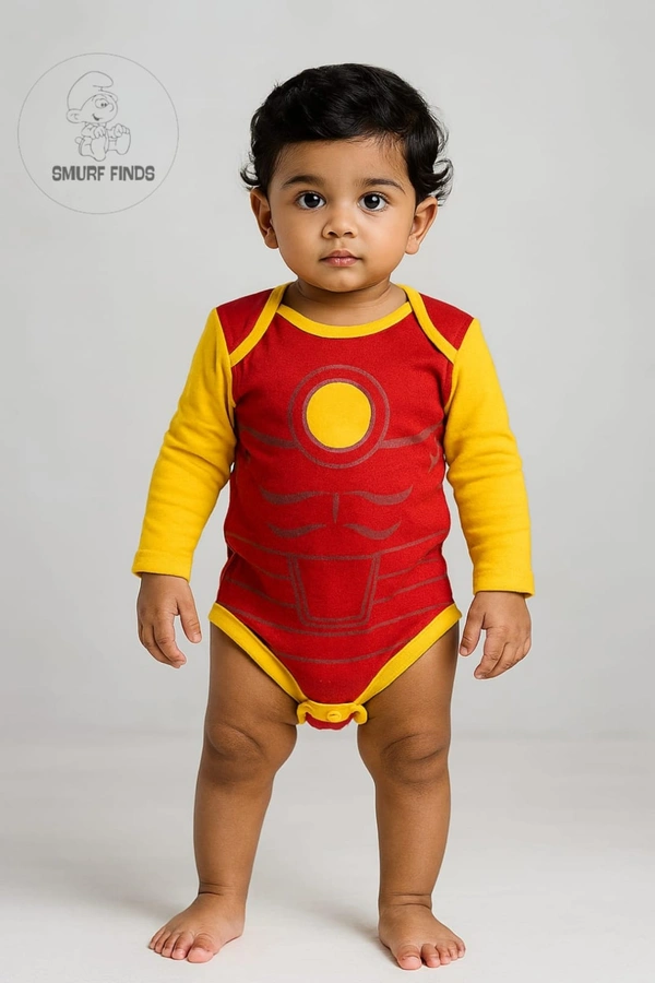 Smurf Finds Organic Cotton Unisex Rompers| 100% Cotton| Perferct for Babies|Safe Prints| Red With Yellow | SMRM4203 - 18 Month, Red With Yellow