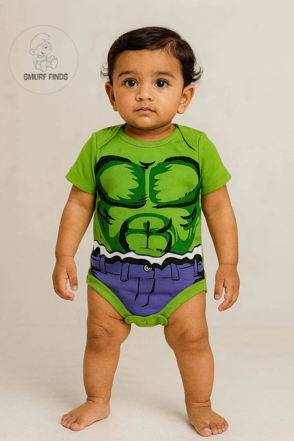 Smurf Finds Organic Cotton Unisex Rompers| 100% Cotton| Perferct for Babies|Safe Prints| Green | SMRM4205 - 0-3 Month, Green