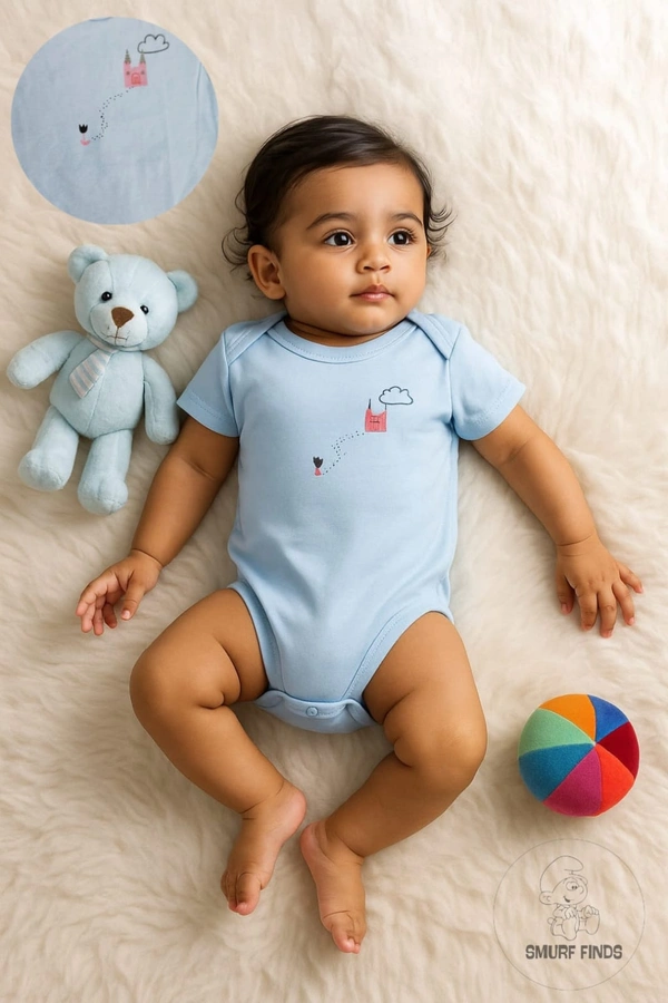 Smurf Finds Organic Cotton Unisex Rompers| 100% Cotton| Perferct for Babies|Safe Prints| Sky blue| SMRM59026 - 6 - 12 Mon, Sky Blue