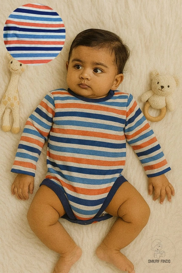 Smurf Finds Organic Cotton Unisex Rompers| 100% Cotton| Perferct for Babies|Safe Prints| White mix blue and orange straight line | SMRM59013 - 0 - 3 Mon, White mix blue and orange straight line