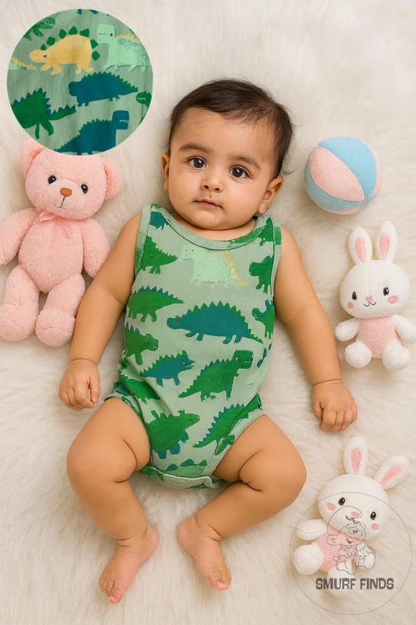Smurf Finds Organic Cotton Unisex Rompers| 100% Cotton| Perferct for Babies|Safe Prints | Lite Green | SMRM5905 - 6 - 9 Mon, Lite Green
