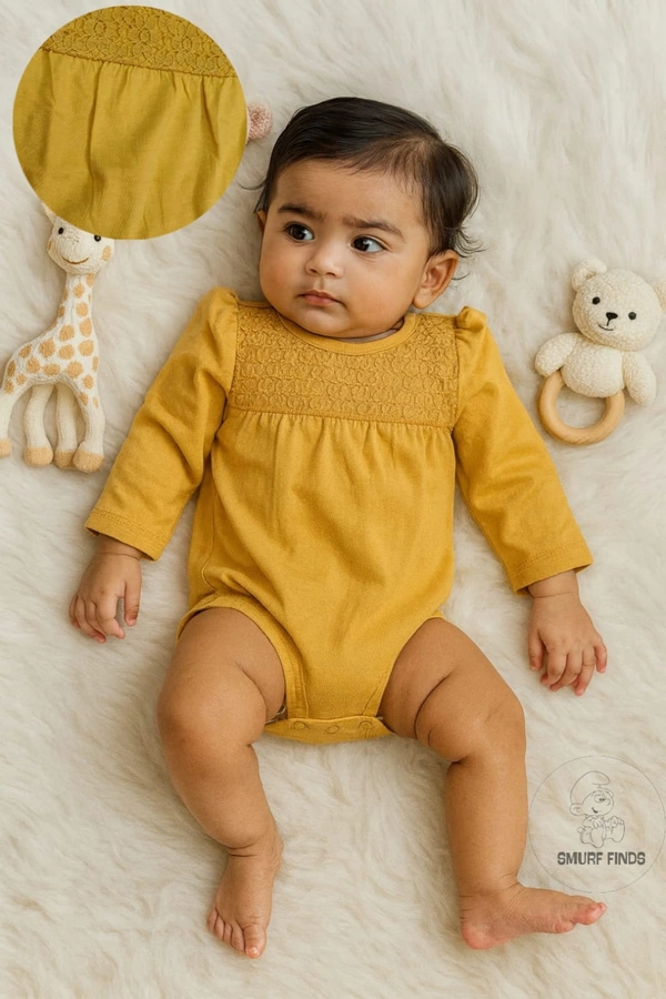 Smurf Finds Organic Cotton Unisex Rompers| 100% Cotton| Perferct for Babies|Safe Prints| Mustard Yellow | SMRM59018 - 3 Mon, Mustard Yellow