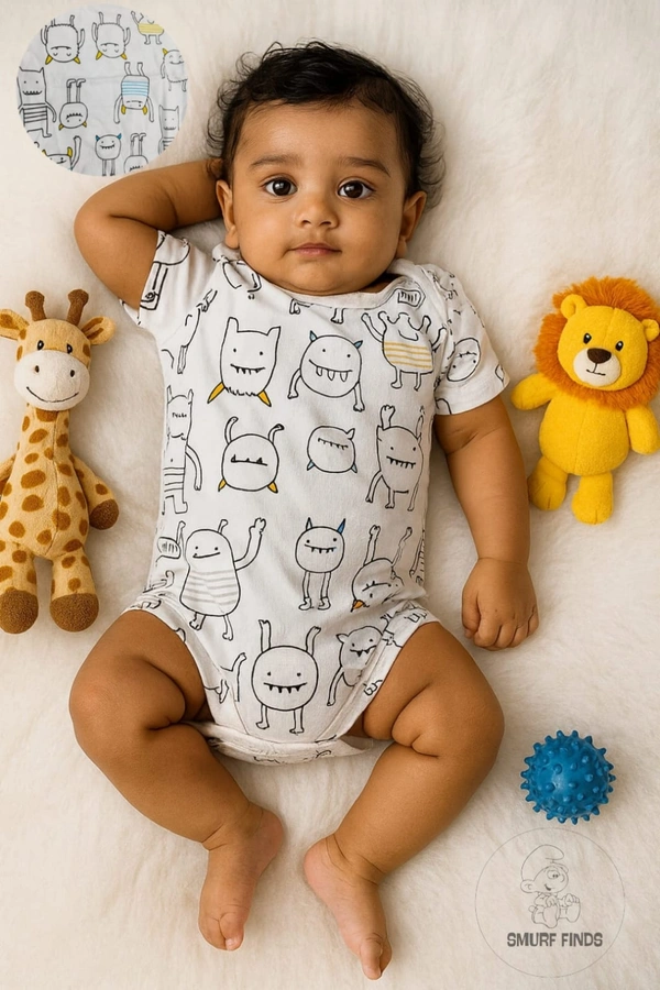 Smurf Finds Organic Cotton Unisex Rompers| 100% Cotton| Perferct for Babies|Safe Prints| White| SMRM5904 - 9 - 12 Mon, White