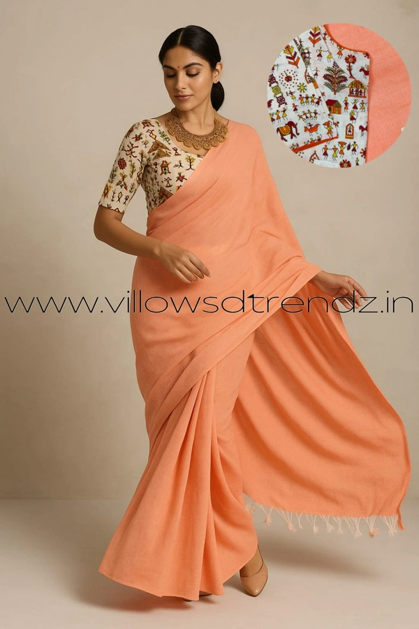 Ruthvi Ethincs Plain Khadi With Blouse PK23021002 - Peach, Saree With Blouse