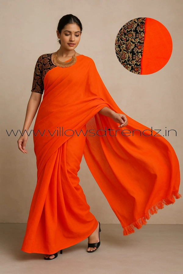 Ruthvi Ethincs Plain Khadi With Blouse PK23021004 - Orange, Saree With Blouse