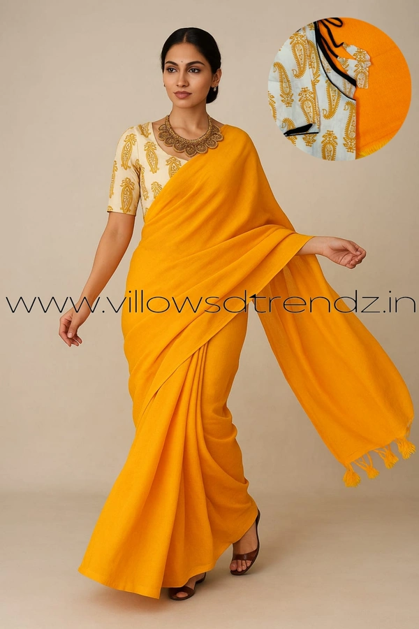 Ruthvi Ethincs Plain Khadi With Blouse PK23021005 - Mango Yellow, Saree With Blouse