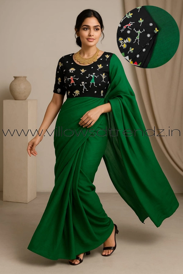 Ruthvi Ethincs Plain Khadi With Blouse PK23021006 - Dark Green, Saree With Blouse