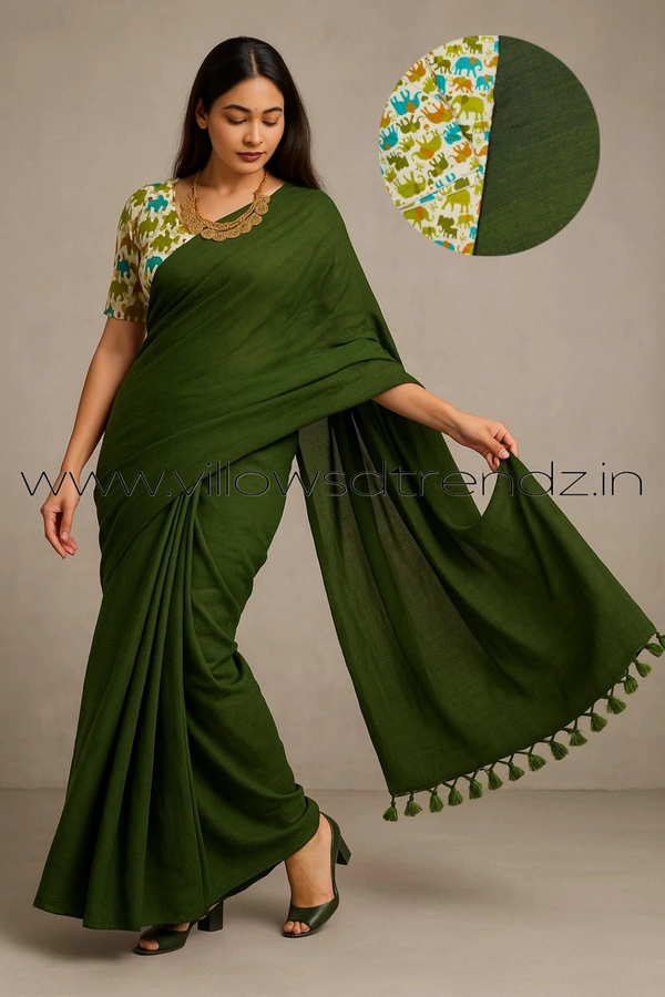 Ruthvi Ethincs Plain Khadi With Blouse PK23021007 - Green, Saree With Blouse