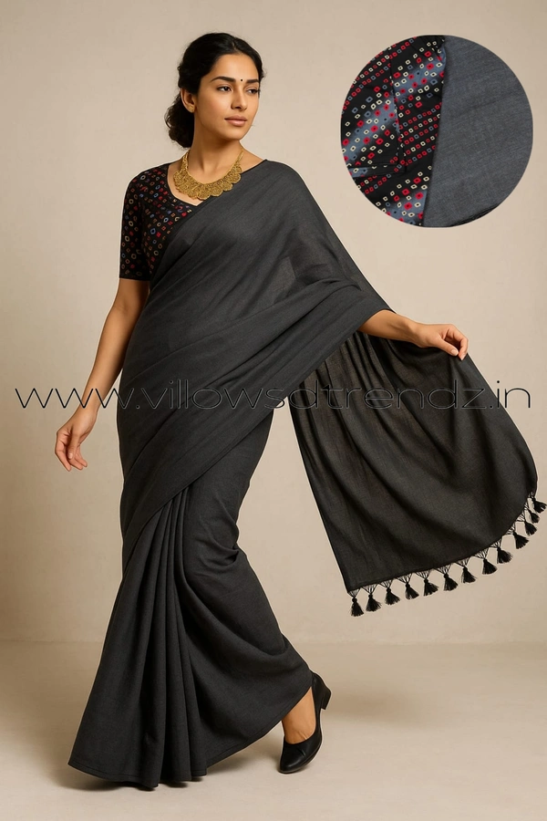 Ruthvi Ethincs Plain Khadi With Blouse PK23021008 - Grey, Saree With Blouse