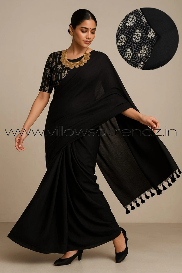 Ruthvi Ethincs Plain Khadi With Blouse PK23021009 - Black, Saree With Blouse