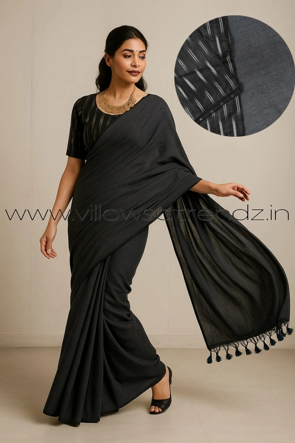 Ruthvi Ethincs Plain Khadi With Blouse PK23021010 - Grey, Saree With Blouse