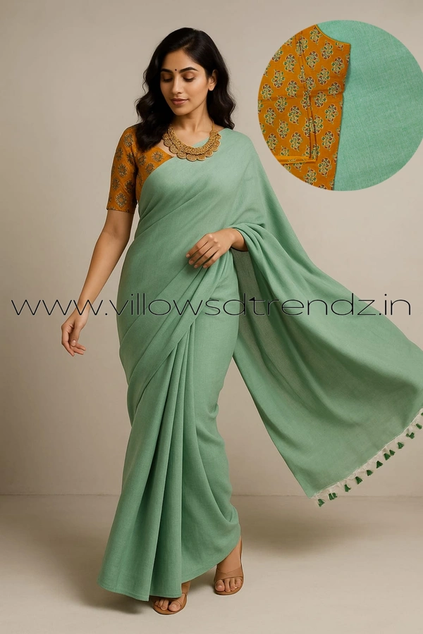 Ruthvi Ethincs Plain Khadi With Blouse PK23021012 - Sky Blue, Saree With Blouse
