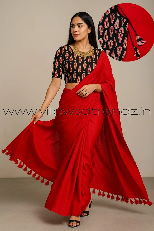 Ruthvi Ethincs Plain Khadi With Blouse PK23021013 - Red, Saree With Blouse