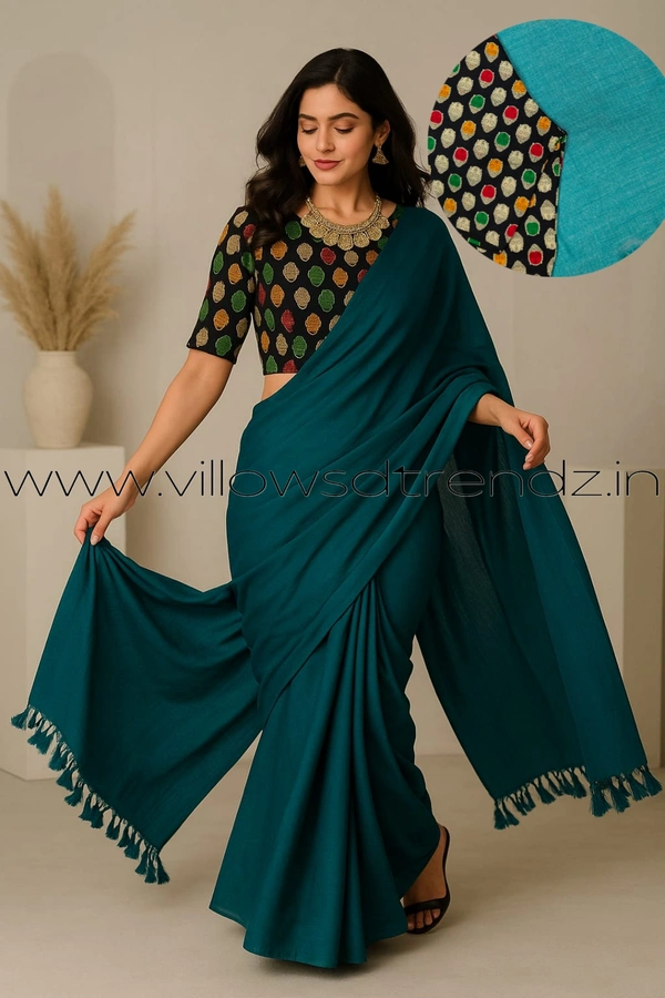 Ruthvi Ethincs Plain Khadi With Blouse PK23021026 - Rama Green, Saree With Blouse